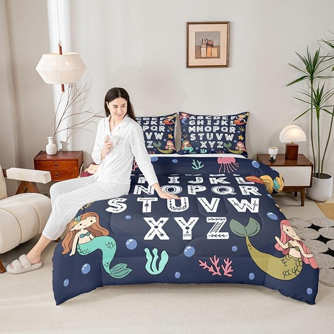 Feelyou Alphabet Kids ABC Learning Bedding Set Soft for Boys Girls, Cute Mermaid Comforter Set Full Size Educational Nursery Art Duvet Quilt Microfiber Sealife Bedroom Decor 3 Pcs with 2 Pillow Cases