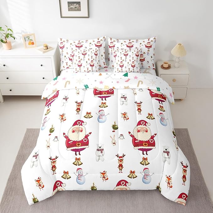 Feelyou Christmas Bed Set Cute Snowman Santa Claus Kids Decorations Bed in a Bag Boys Girls Bear Rabbit Comforter Set with Sheets Christmas Bells Design White Bedding Set Bedding Queen Size