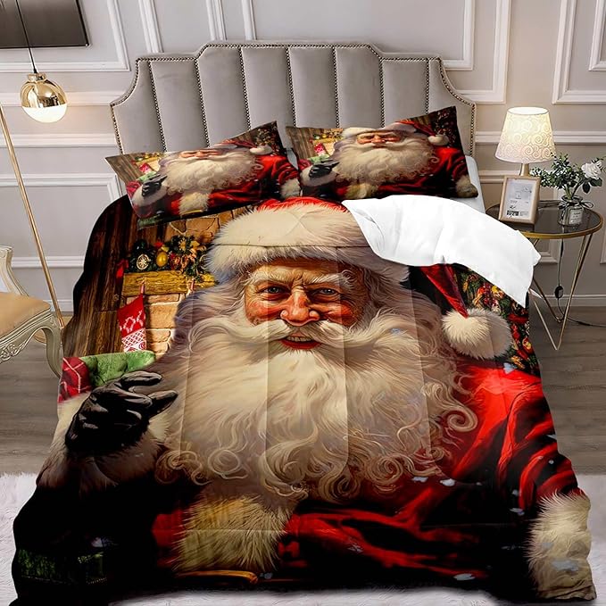 LUVIVIHOME 2PCS Christmas Comforter Set Twin Size, Funny Santa Claus Bedding, Teens Boys Girls Kids Bedding, Winter Holiday Happy New Year Merry Christmas Bedroom Decor, Xmas Gifts, 1 Pillow Case
