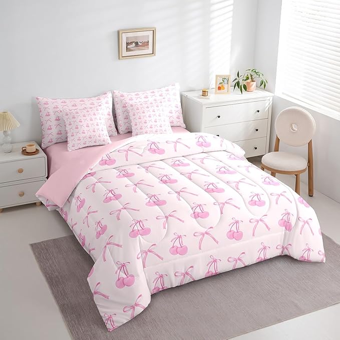 Manfei 7 Pieces Cartoon Bowknot Kids Comforter Set King,Pink Bow Tie Butterfly Knot Princess Bedding Set,Cherry Bow Patchwork Romantic（Comforter+Fitted+Flat Sheet+2 Pillowcases+2 Throw Pillow Covers）