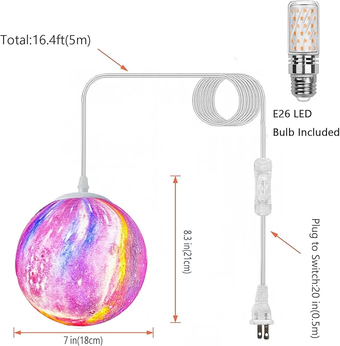 Plug in Pendant Light Fixtures Hanging Ceiling Lamp 16.4ft Cord,7in Colorful Hanging Moon Lamp Galaxy Lamp for Kids Bedroom,Led Moon Light Gift for Girls&Boys Lover Birthday(Bulb Included)
