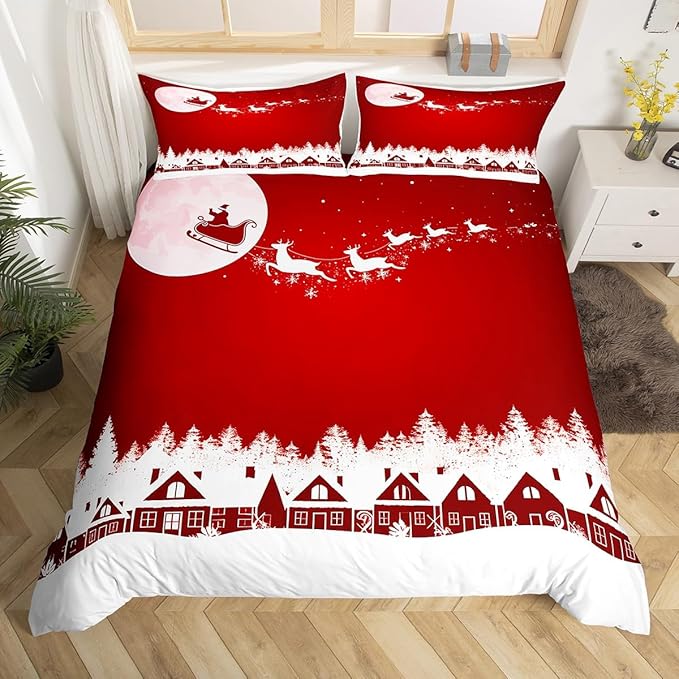 Manfei New Year Red Duvet Cover Set Twin Size Reindeer and Full Moon Print Comforter Cover Christmas Day Bedding Set 2pcs for Kids Boys Girls Winter Theme Quilt Cover with 1 Pillowcase,No Comforter