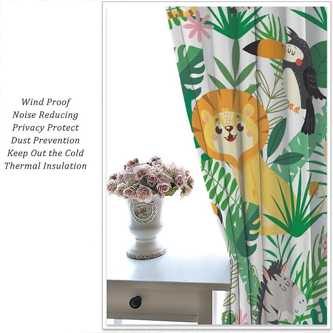 Jungle Animals Curtains Cartoon Cute Lion Giraffe Monkey Zebra Woodland Art Printed for Children Girls Boys Bedroom Nursery Rod Pocket Decoration Window Drapes 2 Panels W42xL84in