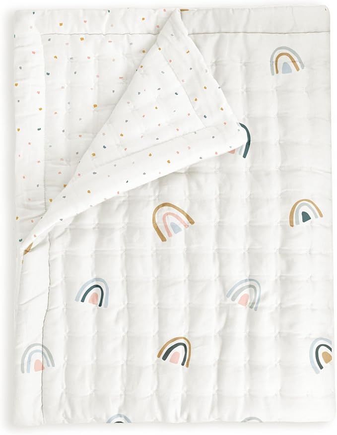 MakeMake Organics Organic Toddler Comforter GOTS Certified Organic Crib Blanket Cotton Infill Tufted Reversible - Ultra Soft Breathable (44"x60", Dotty + Rainbow)
