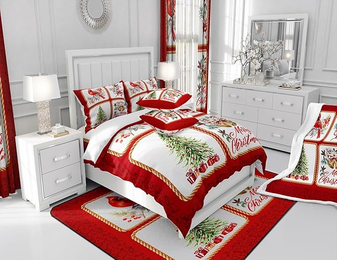 Christmas Plaid Comforter Set Twin Size,Berries Cardinals Xmas Pine Print Bedding Set for Kids Boys Men,Floral Bells Red Lace Patchwork Quilted Duvet Set with 1 Pillowcase