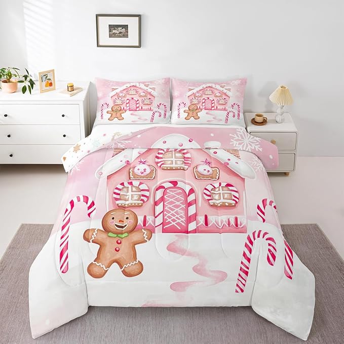 Feelyou Gingerbread Man Comforter Set Full Size Gingerbread House Bedding Set for Kids Boys Girls Candy Canes Duvet Quilt Pink Christmas Scheme Bedroom Decor Snowflake 3 Pcs with 2 Pillow Cases