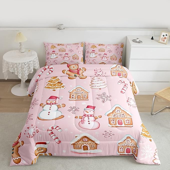 Feelyou Pink Christmas Kids Comforter Set Toddler Size Snowman Bedding Set Gingerbread Man Duvet Quilt for Kids Boys Girls Bedroom Snowflake Candy Cane Decor Microfiber Ultra Soft Breathable