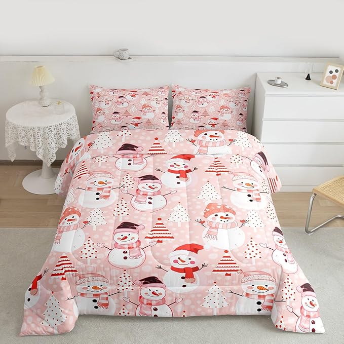Manfei Christmas Comforter Set Full Size, Snowman and Xmas Trees Down Comforter with 2 Pillowcases, New Year Pink Bedding Set 3pcs for Kids Girls Adults Bedroom Decor Lightweight Duvet Insert