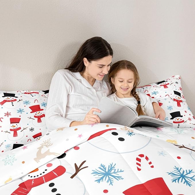 Feelyou Merry Christmas Comforter Set All Season Snowman Bedding Set with 2 Pillow Cases Winter Holiday Microfiber Kids Queen Bedclothes New Year Gift Bedroom Decor Duvet Quilt Soft Lightweight