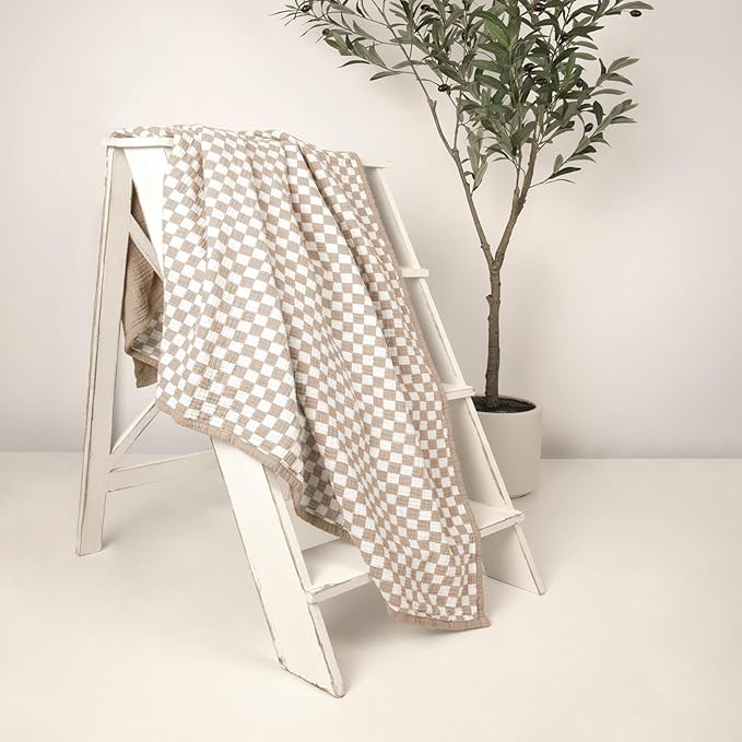 lulumoon Muslin Checkered Baby Blankets：Lightweight Cotton Toddler Blanket - Ideal for Stroller 47"x47"（Caramel Checkered）