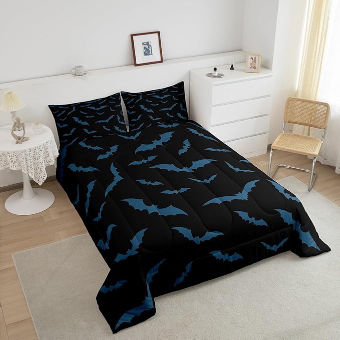 Erosebridal Halloween Decor Bedding Set for Kids Boys Youth Turquoise Bats Comforter Set Twin Size Gothic Spooky Quilt Happy Holiday Style Duvet Insert with 1 Pillow Case,Black