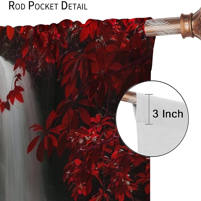 Red Forest Waterfall Blackout Windows Curtains, Waterfall Red Forest Black and Red Natural Landscape Print Window, for Living Room Bedroom 63x72in 2 Panels