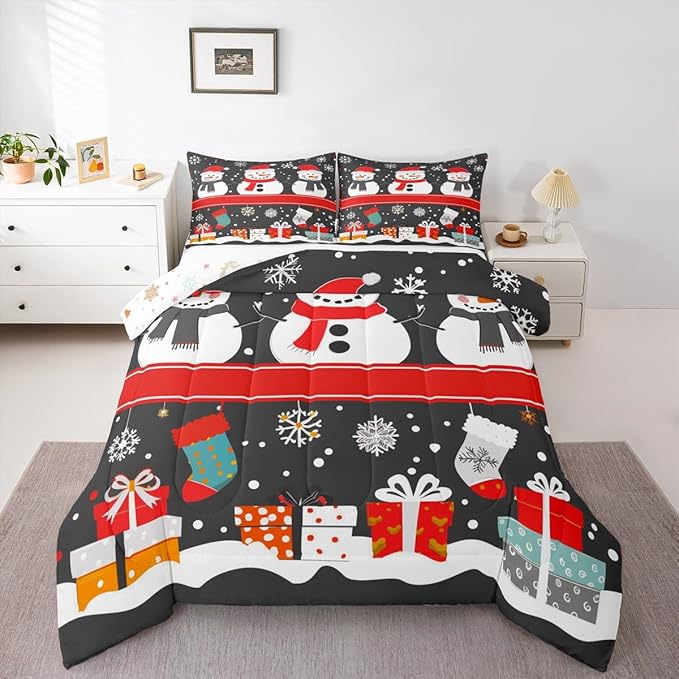Feelyou Christmas Comforter Set Toddler Size Snowman Bedding Set for Kids Boys Girls Snowflake Duvet Quilt New Year Gift Bedroom Decor Microfiber 2 Pcs with 1 Pillow Cases