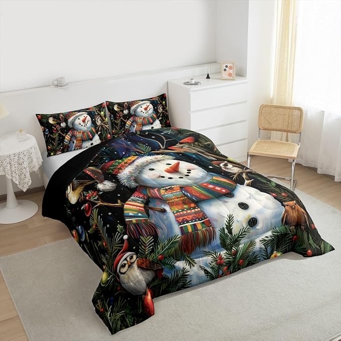 Feelyou Christmas Bedding Set Soft for Boys Girls, Holiday Snowman Birds Comforter Set Twin Size Xmas Owl Branch Berry Duvet Quilt Microfiber Snowflake Bedroom Decor 2 Pcs with 1 Pillow Cases