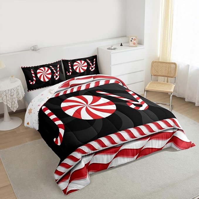 Kids Merry Christmas Comforter Set King Size,Holiday Joy Sweet Candies Bedding,Girls Boys Adults Bedroom/Xmas Cabin Decor,Wave Geometric Retro Down Comforter,Red Black Duvet Insert,2 Pillowcases