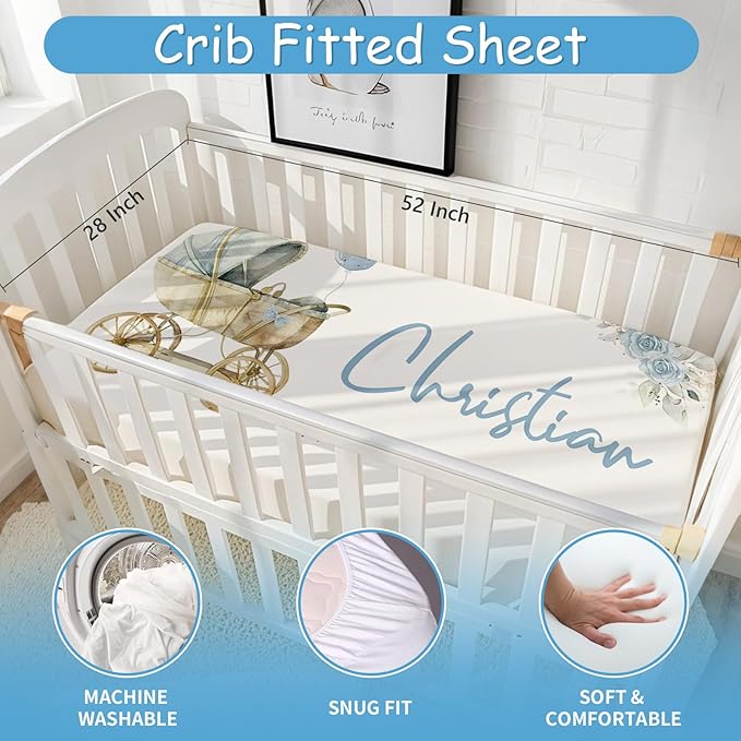 Custom Baby Crib Bedding Set for Boys Girls, 5 Pcs Personalized Blue Bear Baby Crib Sets with Name, Nursery Bedding Set, Double Layer Blanket, Newborn, Infants & Toddlers Customized Gifts