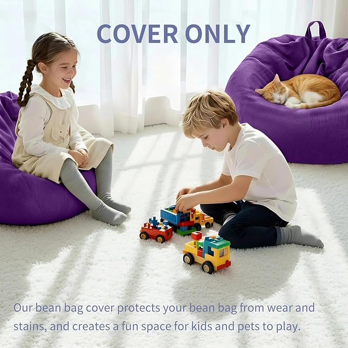 Nobildonna 3 ft Bean Bag Chair Cover (No Filler) 35"×43" Large Stuffed Animal Storage Bean Bag Washable Big Beanbag Chair Cover Premium Corduroy Bean Bag Cover for Adults,Kids,Purple 300L