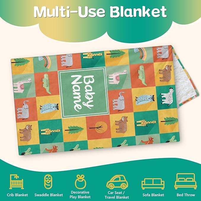 Custom Safari Animals Blanket Gift, Personalized Baby Blanket with Name, Soft Plush Flannel/Sherpa Fleece Throw Blankets for Toddler Kid Teen Boys Girls Color10