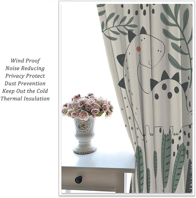Dinosaur Curtains, Cute Dino Tropical Leaves Plant Beige Green Blackout Window Treatments, Rod Pocket Thermal Insulated Drapes 2 Panel Sets for Children Bedroom Nursery Classroom, 42" W X 54" L