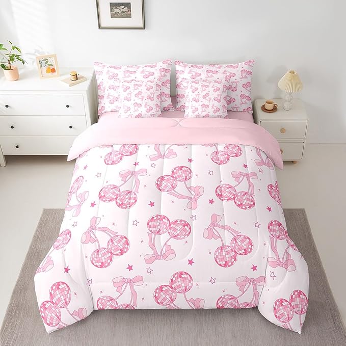 7 Pieces Bowknot Princess Kids Comforter Set Full,Disco Crystal Ball Western Cowgirl Bedding Set,Starry Sky Bow Tie Romantic Pink Girly（Comforter+Fitted+Flat Sheet+2 Pillowcases+2 Throw Pillow Covers）