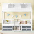 Merax Wood Montessori House Bed Frame with Roof and Windows for Boys Girls Teens, Twin Kids Playhouse Bed with Guardrails and Storage Drawers for Children's Room, Bedroom, Wood Slats Support, White