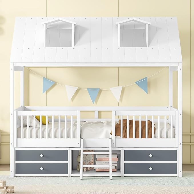 Merax Wood Montessori House Bed Frame with Roof and Windows for Boys Girls Teens, Twin Kids Playhouse Bed with Guardrails and Storage Drawers for Children's Room, Bedroom, Wood Slats Support, White
