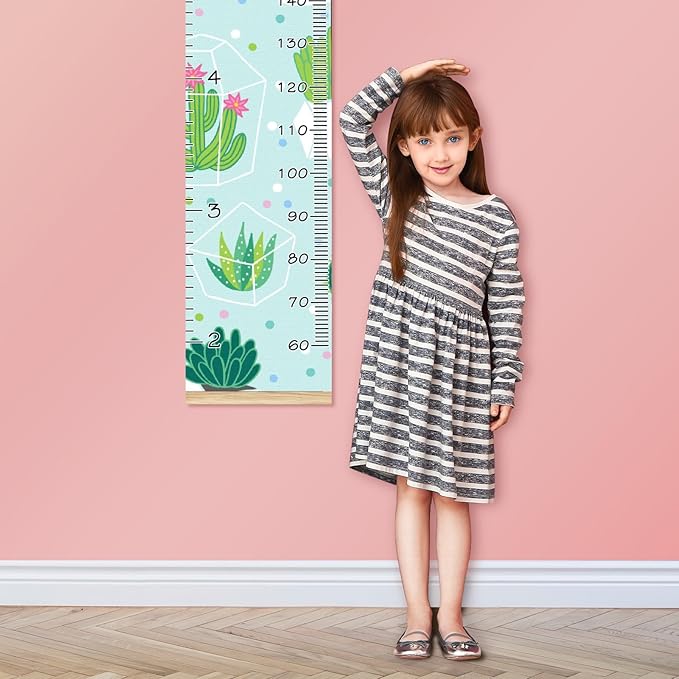 Personalized Kids Name Growth Chart Ruler for Wall Wood Frame Height Measure Chart 13.4x56 in Linen Hanging Height Growth Chart Cactus Green Kids Room Decor