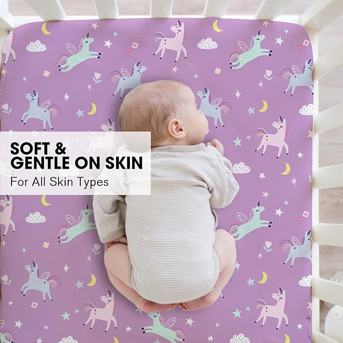 Little Grape Land Crib Sheets 4 Pack for Boys and Girls, Baby Neutral Crib Fitted Sheets for Standard Crib & Toddler Mattress, Super Soft Breathable Fitted Crib Sheet Set, Daliah & Unicorn
