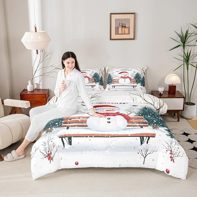 Feelyou Merry Christmas Comforter Set Queen Size Cute Snowman Bedding Set for Kids Boys Girls Snowflake Duvet Quilt Christmas Tree Bedroom Decor Microfiber 3 Pcs with 2 Pillow Cases