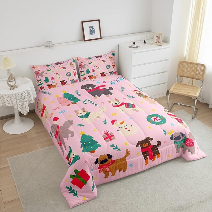 Erosebridal Cute Dog Comforter Set King Size Puppy Dog Cartoon Xmas Bedding Set Christmas Tree Quilts for Kids Boys Girls Bedroom Decor Snowman Duvet Insert with 2 Pillow Cases
