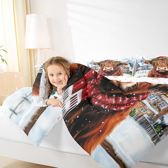 Feelyou Merry Christmas Bedding Set Soft for Boys Girls, Highland Cow Comforter Set Toddler Size Snowflake Duvet Quilt Microfiber Winter Bedroom Decor 2 Pcs with 1 Pillow Cases