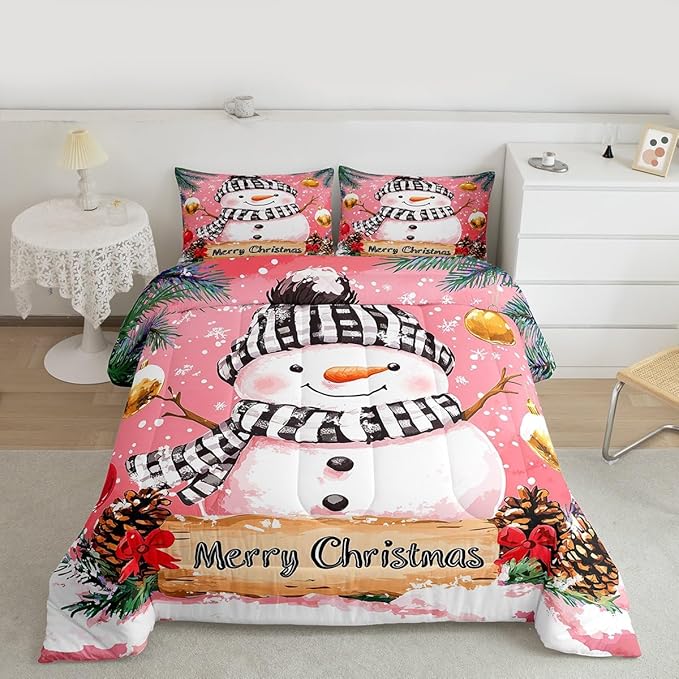 Feelyou Merry Christmas Kids Comforter Set Full Size Cute Snowman Bedding Set Snowflake Duvet Quilt for Kids Boys Girls Bedroom Winter Decor Microfiber Ultra Soft Breathable
