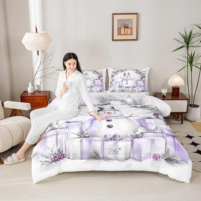 Feelyou Merry Christmas Bedding Set Soft for Boys Girls, Cute Snowman Comforter Set Twin Size Duvet Quilt Microfiber Snowflake Bedroom Decor 2 Pcs with 1 Pillow Cases