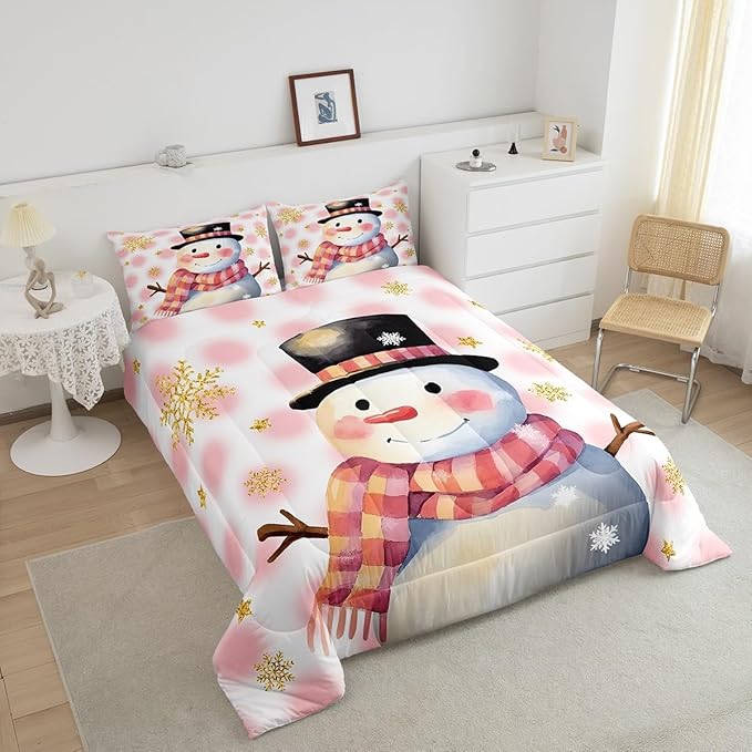 Feelyou Kids Merry Christmas Decorations Full Size Comforter Set Xmas Snowman Bedding Set Pink Quilt Set Soft Warm Lightweight Duvet Set