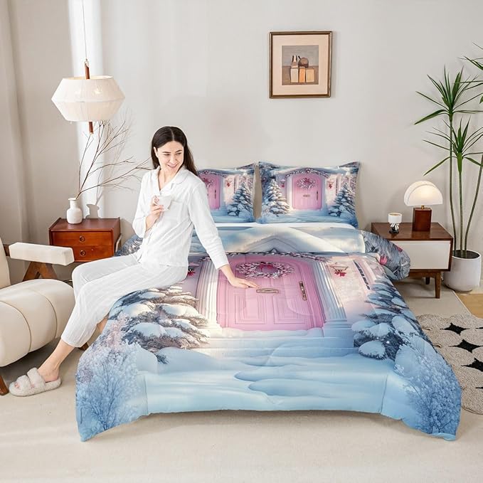 Feelyou Merry Christmas Kids Comforter Set King Size Winter Snowscape Bedding Set Pink Door Duvet Quilt for Kids Boys Girls Bedroom Garland Xmas Tree Decor Microfiber Ultra Soft Breathable
