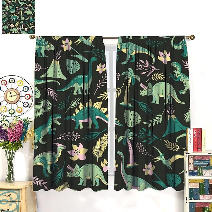Dinosaurs Blackout Curtains Cartoon Cute Funny Dino Tropical Jungle Green Art Print for Kids Boys Bedroom Living Room Rod Pocket Decoration Window Drapes 2 Panels W31.5xL72in