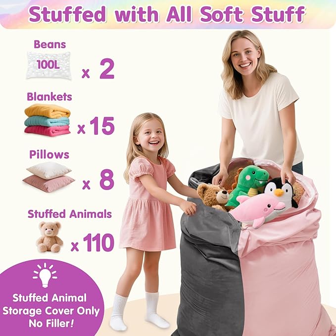 Stuffed Animal Storage Bean Bag Chair for Kids and Adults, Luxury Velvet Stuffed Animal Storage, Stuffie Seat - COVER ONLY(Pink & Dark Grey 200 L/52 Gal)