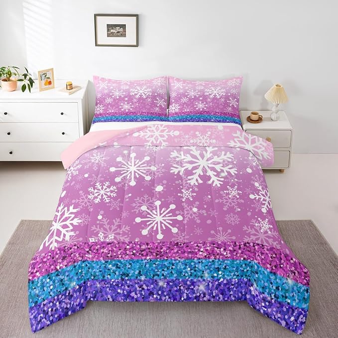 Feelyou Pink Snowflake Comforter Set Twin Size Winter Snowflake Bedding Set for Kids Boys Girls Christmas Duvet Quilt Glitter Print Bedroom Decor Microfiber 2 Pcs with 1 Pillow Cases