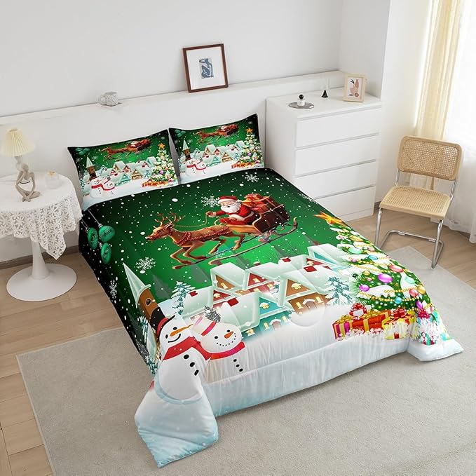 Manfei Christmas Comforter Set Queen Size, Snowman Xmas Tree Quilt Set with 2 Pillowcases, Santa Claus with Deer Bedding Set 3pcs for Kids Boys Girls Room Decor New Year Theme Duvet Insert