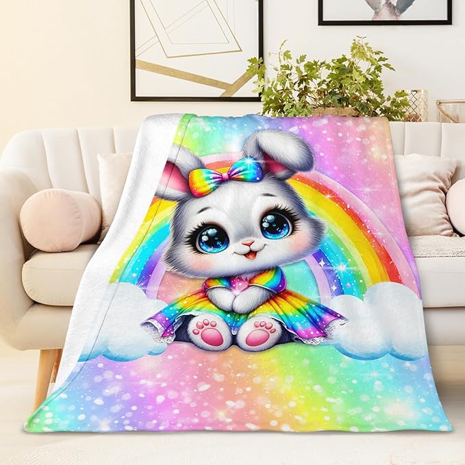 Blanket for Girls, Bunny Throw for Kids Teens Rabbit Lovers 60x80 Inches Lightweight Soft Cute Rainbow Print Throw Blankets for Sofa Couch Living Room Bed