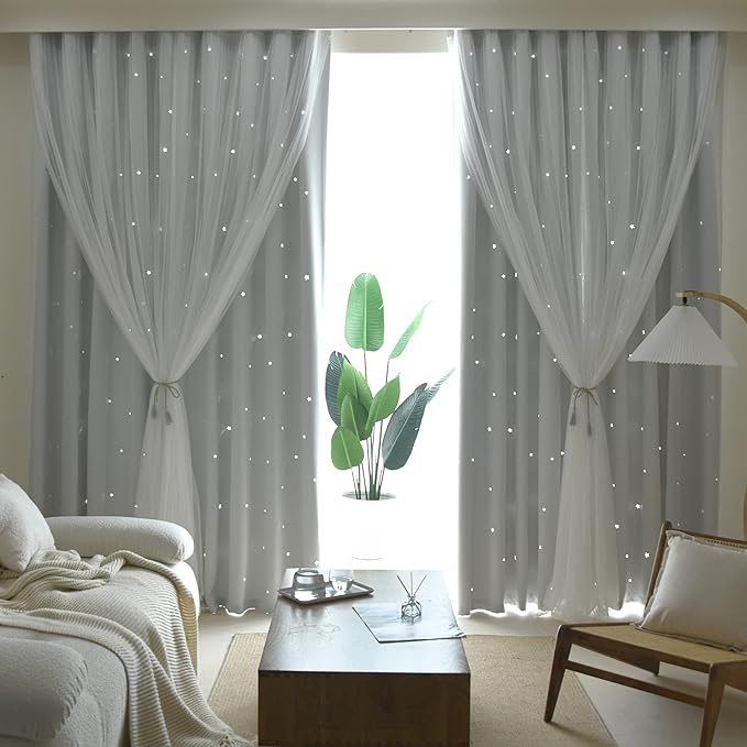 Kinryb Kids Curtains for Bedroom/Living Room/Classroom, Sheer Overlay Extra Long,2 Free Tiebacks, Double Layer Curtains with Star Cutout for Kids Room(W 52 x L 108 Inches,Greyish White 2 Pcs)