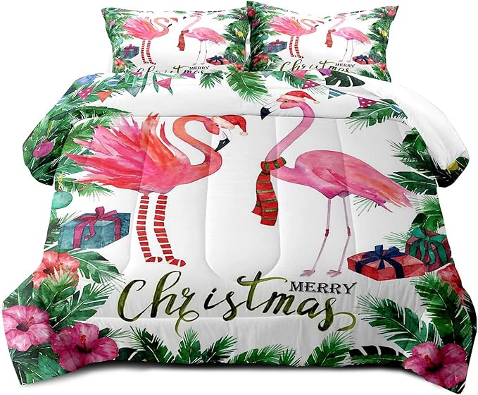LUVIVIHOME 3PCS Merry Christmas Comforter Set Full Size, Pink Flamingo Bedding, Teens Girls Boys Kids Bedding, Tropical Green Plant Botanical Hibiscus Flower White Quilt, Xmas Gifts, 2 Pillow Cases
