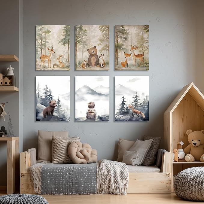 Cyebmo Framed Woodland Animals Wall Art Set of 3, Baby Boy Wild Forest Animals Wall Decor, Deer Bear Fox Wrapped Canvas Painting, Neutral Aesthetic Pictures for Kids Room Benroom Nursery 12"x16"x3