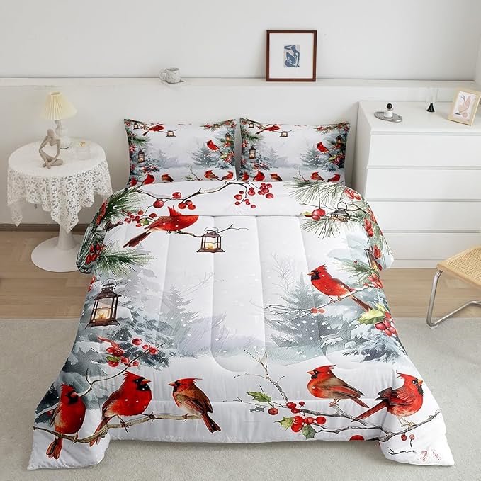 jejeloiu Kids Red Cardinal Comforter Set Full Size Christmas Theme Bedding Set for Boys Girls Teens Xmas Birds Winter Country Woodland Animal Duvet Quilt Room Decor