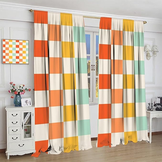 70s Retro Curtains,Cute Green Pink Yellow Checkered Hippie Window Treatments for Kids Girl Bedroom Window 42"" W X 63"" L, Style-7
