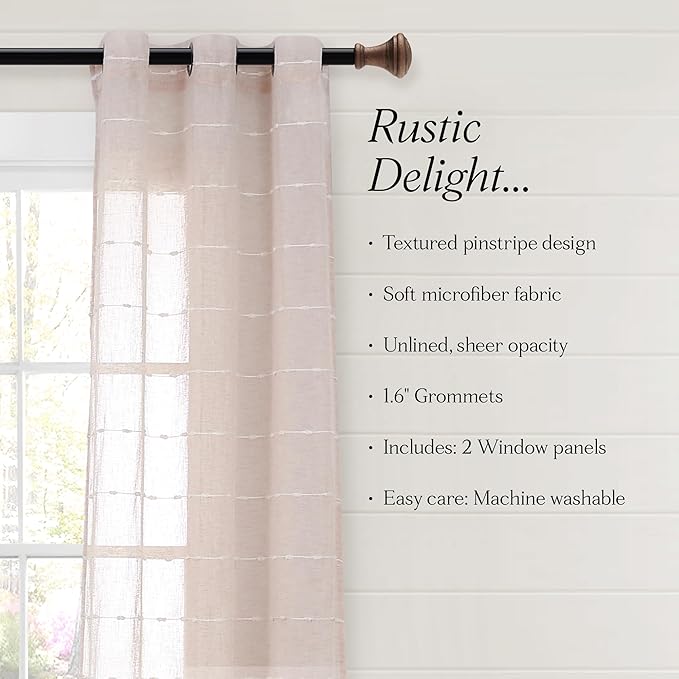 Lush Decor Farmhouse Textured Grommet Sheer Window Curtain Panel Pair, 38"W x 84"L, Blush