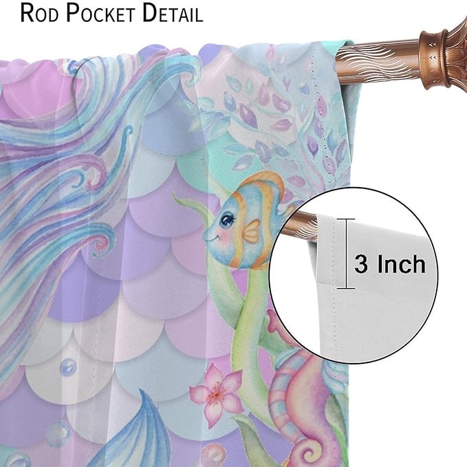 Fantasy Mermaid Curtain Dream Cartoon Marine Organisms Turtle Coral Ocean Theme Dream Blackout Window Treatment for Kids Girls Bedroom Nursery Room Decor Rod Pocket Window Drapes 63x63in