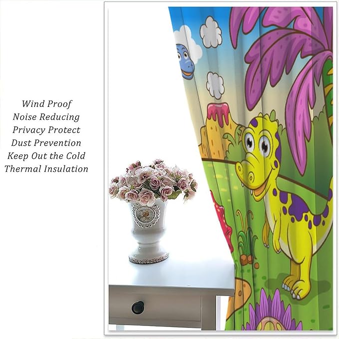 Cute Dinosaur Curtains, Colorful Cartoon Dino Pattern Blackout Window Treatments, Rod Pocket Thermal Insulated Drapes 2 Panel Sets for Kids Bedroom Nursery Classroom, 63" W X 72" L