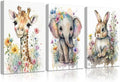 3Pcs Safari Animal Nursery Canvas Wall Art Watercolor Baby Animals with Wildflowers Picture Posters Wall Decor Cute Giraffe Elephant Rabbit Painting Print Artwork for Kids Children Room Decor 16x24in