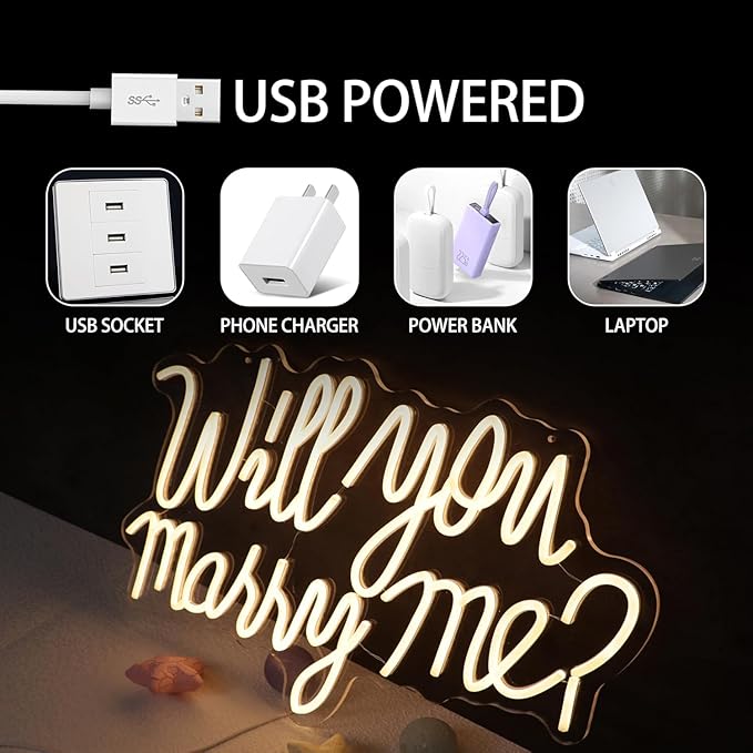 Will You Marry Me Sign for Wall Decor Led Neon Lights for Teen Bedroom Decor Art Light Up Letters Will You Marry Me Neon Signs for All Wedding Party Proposal Decorations USB 21.7x13.8 Inch(white)